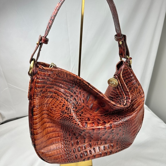 Brahmin Authentic Croc Lauren Pecan Leather Shoulder Bag w/Tassel/Hand Tag - Picture 1 of 13